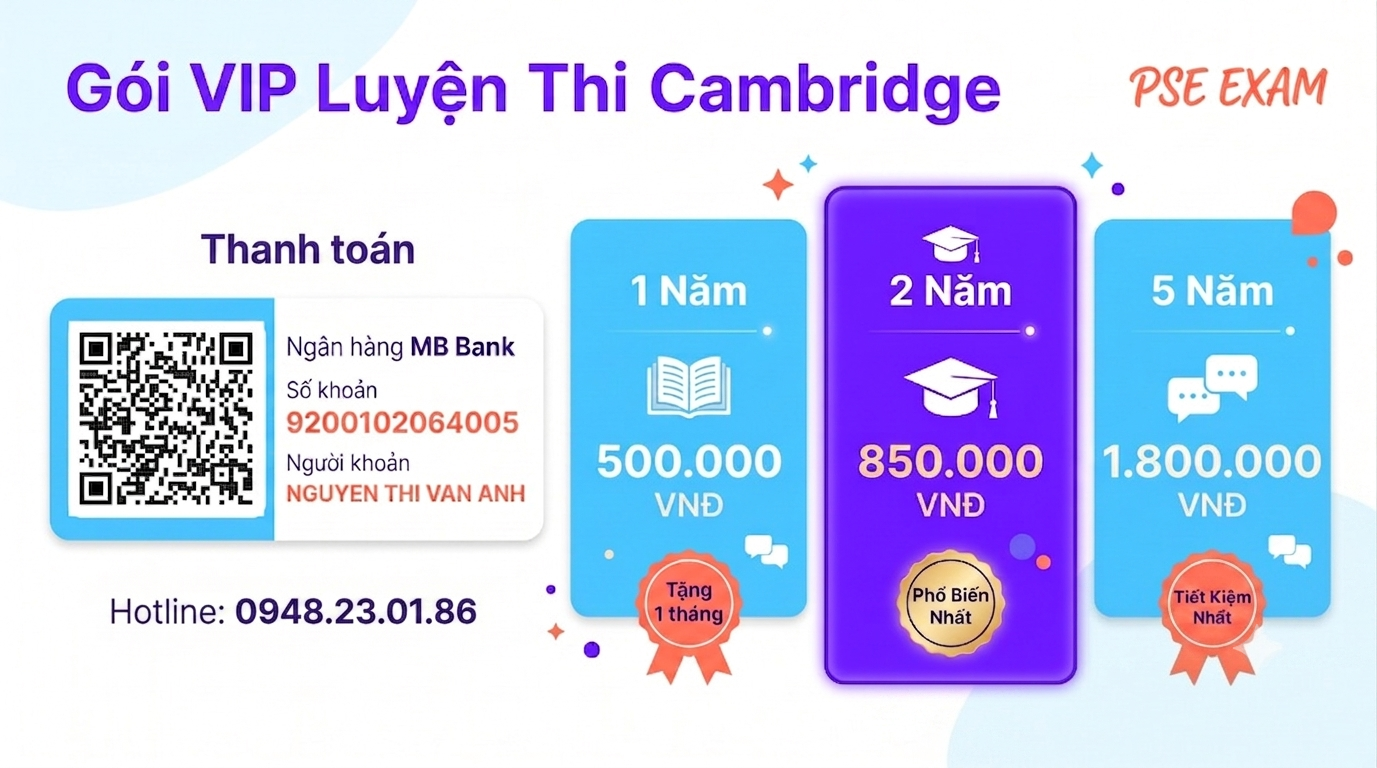 Bảng giá luyện thi Cambridge